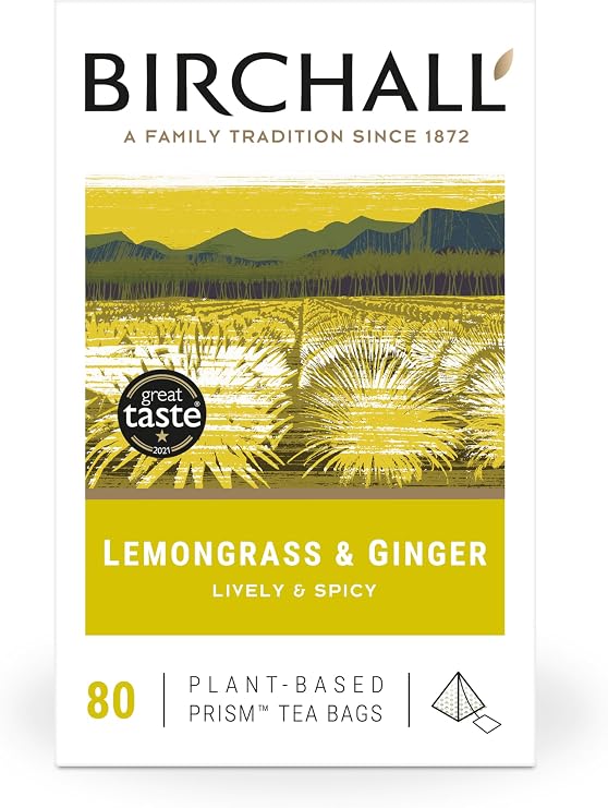 Birchall Tea Bags, Lemongrass & Ginger Herbal Tea Gift Set, Caffeine Free Tea Bursting with Full Flavour, 80 Plant-Based Prism Tea Bags