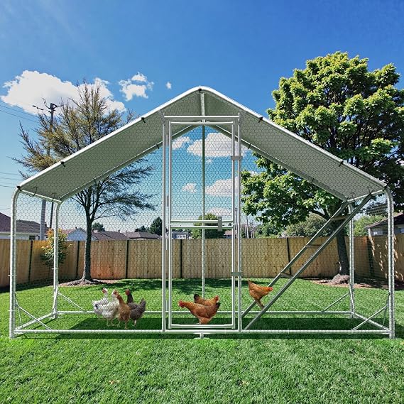 Large Metal Chicken Coop Runs for Yard with Cover, 10x6.5x6.5 | Perch Bars, Split Doors, Waterproof Covers, Mesh Wire