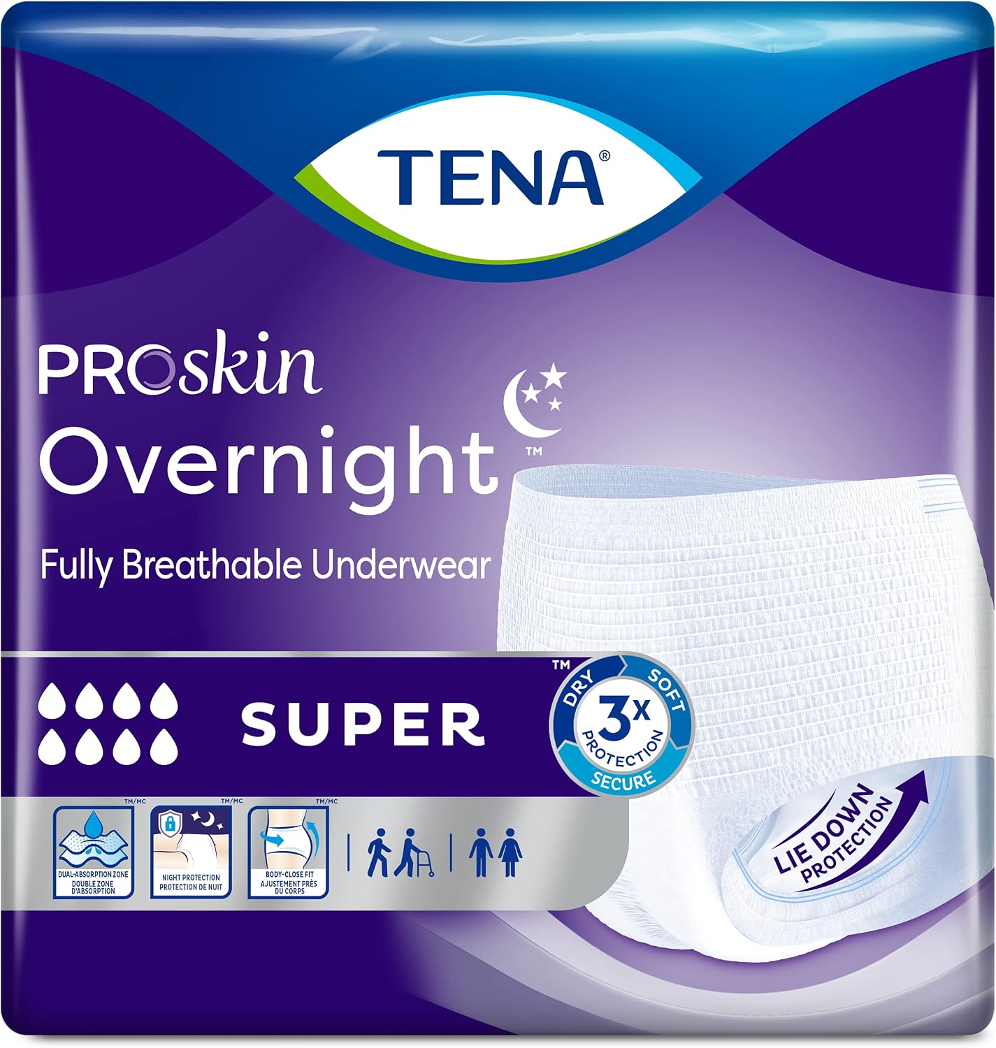 TENA ProSkin Overnight Super Protective Incontinence Underwear, Heavy Absorbency, Unisex, X-Large, 12 count