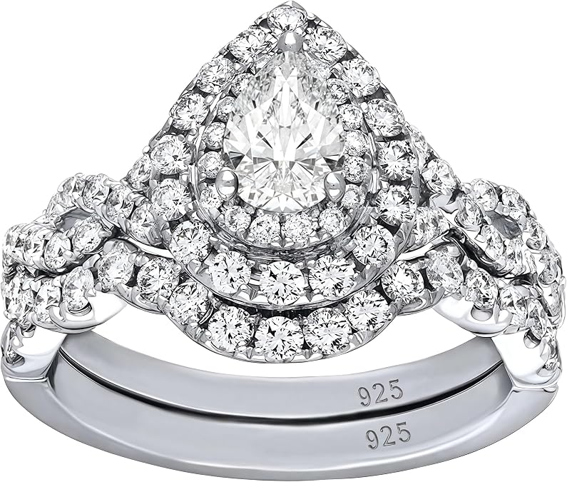 Wuziwen Vintage Pear Shaped Engagement Rings for Women Bridal Set Infinity Twisted Wedding Band 925 Sterling Silver CZ Sz 8, White, WBR1264_SS_8