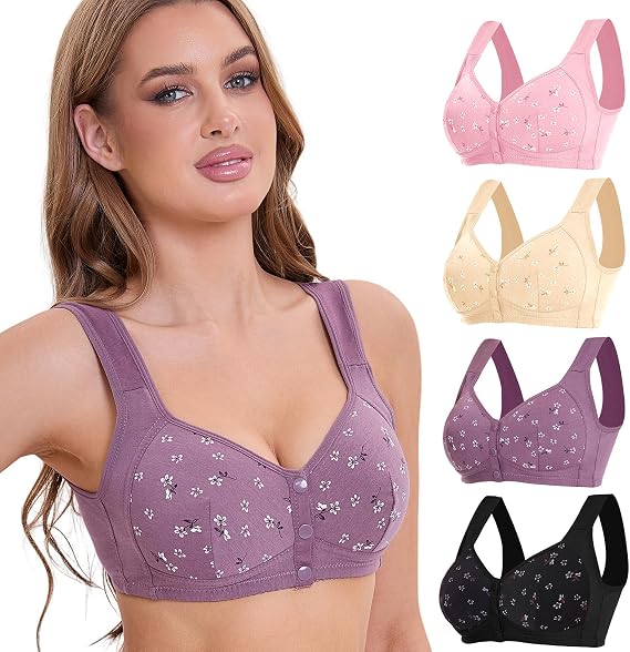 Daisy Bras for Women, Front Closure Bras Plus Size Push Up Comfortable No Underwire Seniors Full Coverage Cotton Bra