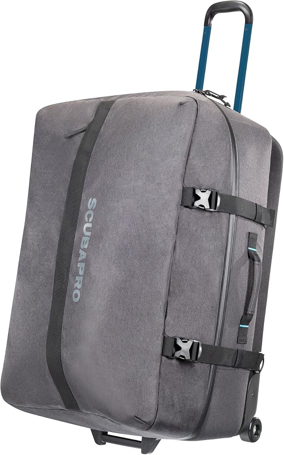 SCUBAPRO Definition Roll 130 Wheeled Duffle Dive Bag with Adjustable Backpack Straps and Top and Side Handles for Scuba Diving Gear, Premium Recycled Two-Tone Gray Fabric
