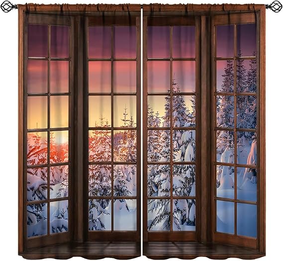 Winter Sunrise Landscape Curtains, Colorful Mountain Forest Nature Woodland Snow Pine Trees Scenery 3D Print Blackout Window Curtains for Kitchen Bedroom Livingroom, 42" W X 63" L