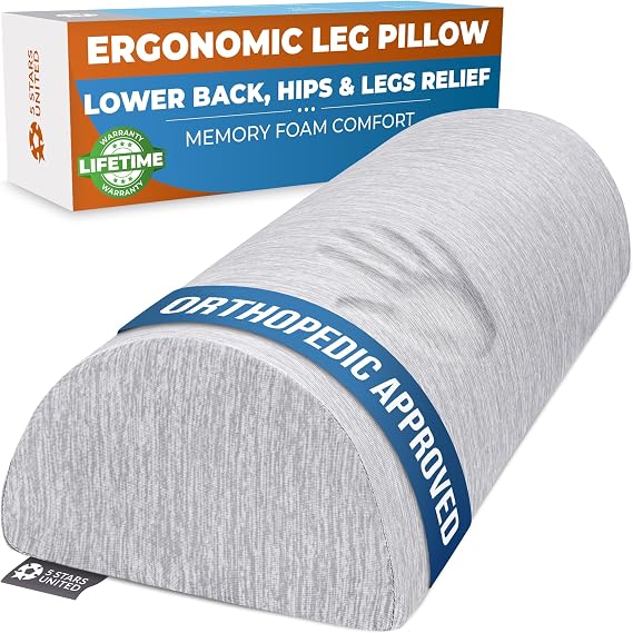 5 STARS UNITED Knee Pillow for Back Sleeping Half Moon Bolster Pillow for Legs, Under Knee Pillow for Sleeping on Back, Memory Foam Leg Pillow for Back Pain, Arctic Gray