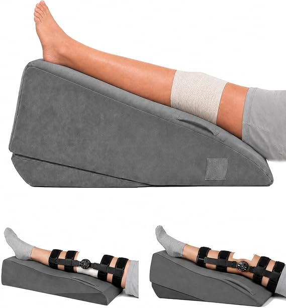 Leg Elevation Pillow for After Surgery, Firm Foam Knee Wedge, Single Leg | Flip the support board of this leg wedge pillow to 7.87 or 10.63 inch elevation, with a U shaped groove and 3 handles