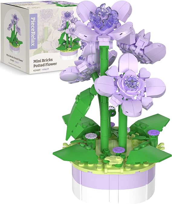 Flower Building Decoration Set - Mini Bricks Potted Plant - Violet - Home Accessories Best Gift Valentine Decor for Him and Her Botanical for Adults [KZ1029]