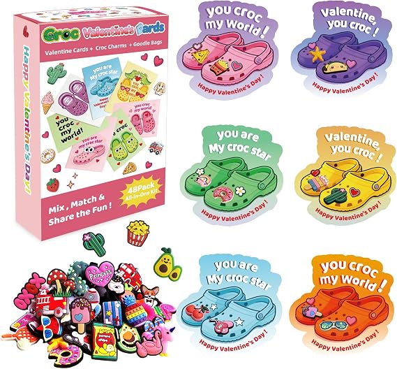 JX 48 Pack Valentine's Day Cards for Kids Classroom with 96 Shoes Charms & Goodie Bags,Valentine Gifts for Kids Teen Boys Girls School Class Exchange