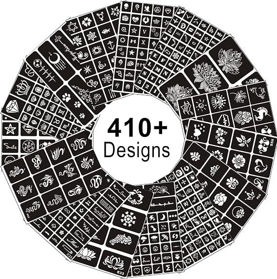 Temporary Tattoo Stencils 15 Sheets 410+ Pieces Glitter Tattoo Stencils with Makeup Stencils for Kids and Adults Halloween Party