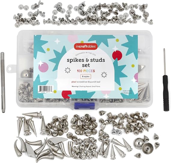 Incraftables Assorted Studs and Spikes Set (100pcs). Silver Spikes for Clothing (Small, Medium & Large) Kit. Metal Studs for Clothing for Crafts, Clothes, Crocs & Shoes w/Screwdriver & Punch Tool