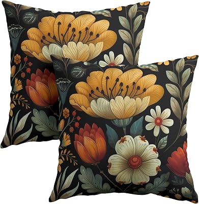Vintage Boho Floral Pillow Covers 18x18 Inches Yellow Beige Black Throw Pillow Case Set of 2 Spring Flower Pillow Cover Cotton Linen Cushion Cover for Home Couch Sofa Bedroom Livingroom