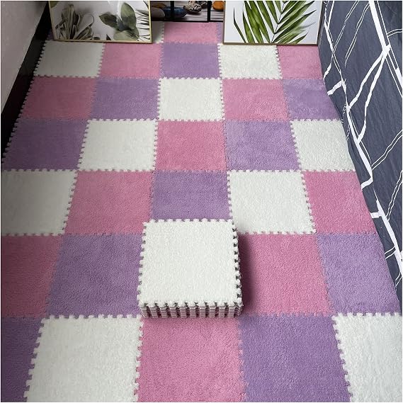 FYYSJW 12 Pcs Interlocking Carpet Tiles, Plush Foam Square Floor Mats Set, Puzzle Floor Mat For Living Room, Bedroom And Hard Floor, 12 Tiles/12 Sq.Ft(Color:Pink+Purple+White)