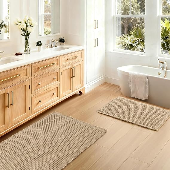 JIUZHEN Set of 2 Waffle Bath Mats Boho Bath Rugs 16x24&20x32, Strip-Brown
