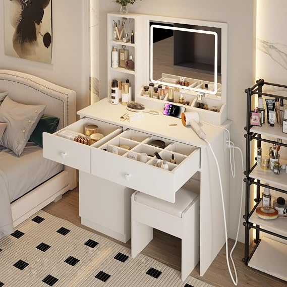 Vanity Set with Mirror and Stool and Lights, with Power Outlet,Dressing Table with Vanity Benches,for Girls Women with Storage Stool,for Bedroom with Chair (White)