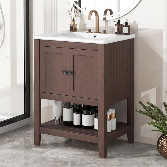 P PURLOVE 24 Inch Bathroom Vanity with Sink,Single Bathroom Vanities Cabinet with Doors and Open Shelf,Solid Wood Small Vanity with Sink,Brown