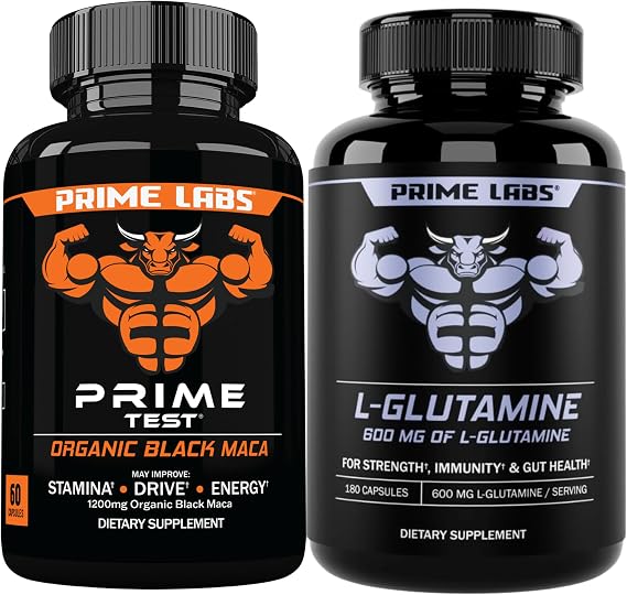 Prime Labs Organic Black Maca Capsules (60 ct) + L Glutamine (180 ct)