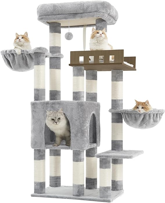 Gitelsnour GCT023W Large Cat Scratching Post for Indoor Use Large Cats Stable Over 20 Pounds Cat Scratching Post with Large Wooden Platform 14 Scratching Posts Cat Caves Hammock Light Grey
