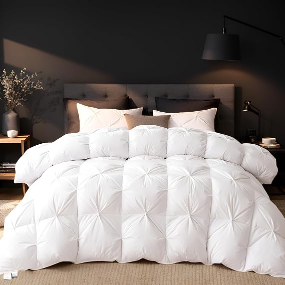 HANYUN White Goose Down Feather Comforter King Size,Luxurious Pinch Pleat Duvet Insert with Cotton Shell Breathable & Fluffy All-Season Bedding Comforter with 8 Tabs 90" x 106"