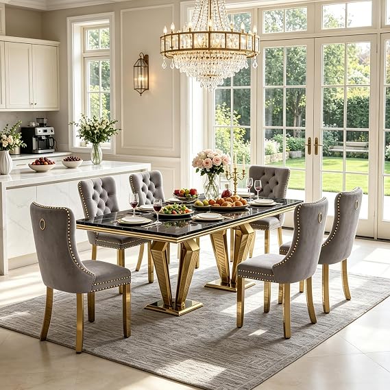 7-Piece Dining Table Set with 6 Grey Upholstered Chairs, 68" Black Gold Faux Marble Kitchen Table Set for 6, Diamond-Shape Pedestal Dining Room Table Set for 6, Modern Dining Table Set for 6