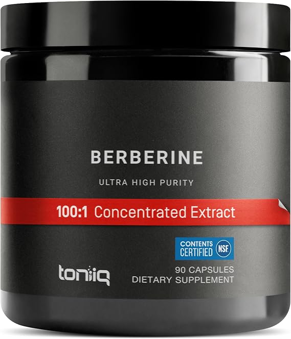 Toniiq NSF Certified Ultra High Strength Berberine HCl from The Himalayas | 100:1 Concentrated Extract - Lab-Tested 97% Berberine HCl - 90 Vegetarian Capsules, 500 mg per Capsule