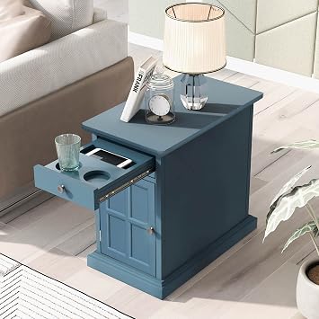 KLMM Stylish Classic Vintage End Table with USB Ports and One Multifunctional Drawer with Cup Holders, Suitable for Living Room, Bedroom (Antique Navy#T^)