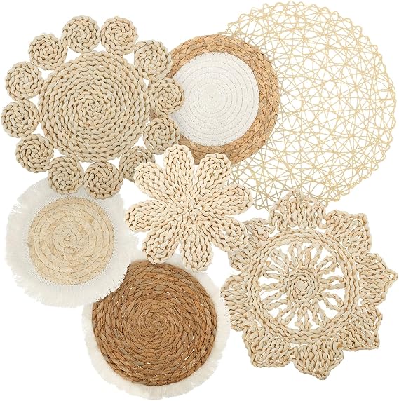 PieJoFpy 7 Pcs Boho Wall Basket Decor Hanging Handcrafted Seagrass Woven Basket Wall Decor Round Bohemian Basket Wall Art Set for Farmhouse Home Room Rustic Decorations Table, Multi Sizes (C1)