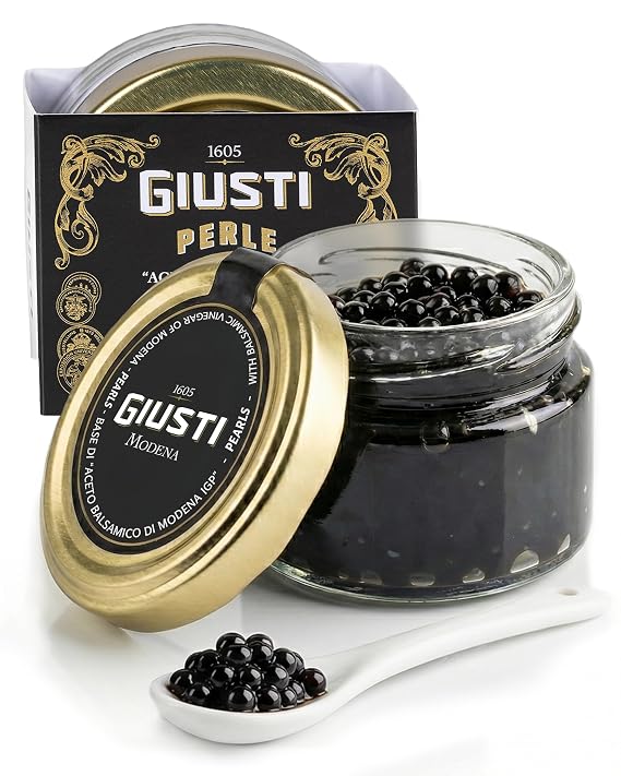 Giusti Balsamic Vinegar Pearls Authentic Italian Gourmet Aceto Balsamico di Modena Caviar for Finishing on Meats, Salads, Seafood, Desserts, Cocktails, Premium Garnish 1.35 oz (40 g)
