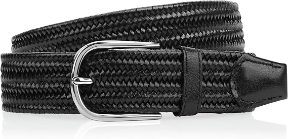 Braided Stretch Leather Belt for Men, 3.5cm 1 3/8" Wide Woven Golf Belt, 110cm Adjustable, Belt Size: 34 (Fits Pant Size 31-33), 87-93cm Waist, Black