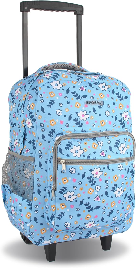 Rolling Backpack for Girls Boys. Womens Roller Bookbag. Kids luggage with wheels, Small Flower
