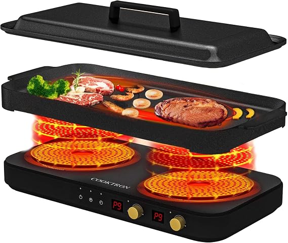 COOKTRON Induction Hob, Double Induction Cooker with Dual-Control (Touch & Knob), 10-Level Adjustable Temperature/Power, 4-Hour Timer, Child Safety Lock, Portable Design, 2800W