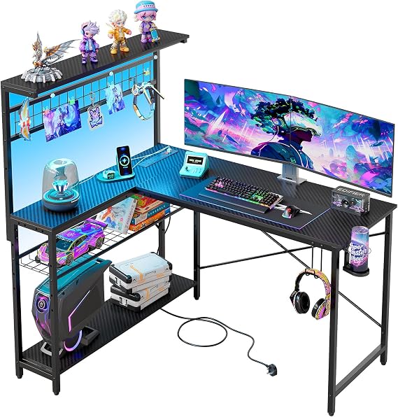 Bestier L-Shaped Gaming Desk with Power Outlets, LED Workstation with 4 Tiers Shelves for Home Office, Gamer Reversible Table with Hooks and Cup (BDCF, 129cm)