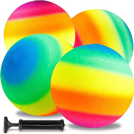 4 Pcs Rainbow Playground Balls with 1 Hand Pump, 8.5 Inch/21.6 cm Neon Sports Balls, Inflatable Multi Colors Kick Ball Handball, Colorful Rubber Dodgeballs for Adults Indoor Outdoor Games Use