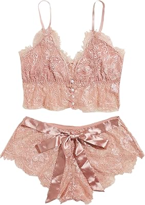 SheIn Womens Floral Lace Button Front Bra and Panty 2 Piece Lingerie Set Pink Medium