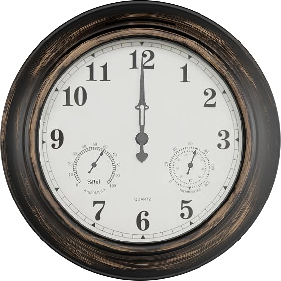 Indoor Outdoor Clock Thermometer Combo - 18-Inch Waterproof Outdoor Wall Clock with Temperature and Humidity - Silent Battery Operated Quartz Clock for Bathroom Patio or Pool by Pure Garden (Bronze)