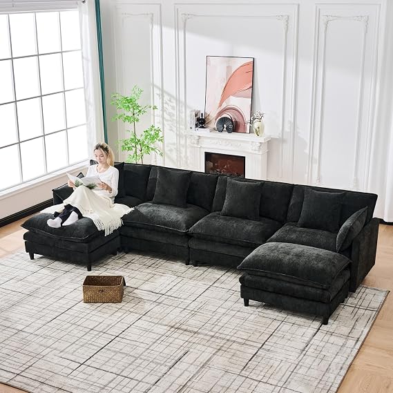 143" Modular Sectional Sofa, U-Shaped Couch with Deep Seat Ottoman,Black