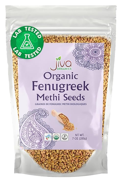 Jiva Organic Fenugreek Seeds 7 Ounce Non-GMO, Gluten Free, All Natural Fenugreek Spice Organic Fenugreek Seeds for Hair Growth, Cooking & Sprouting - Methi Seeds for Methi Dana Water - Raw & Natural, Product of India