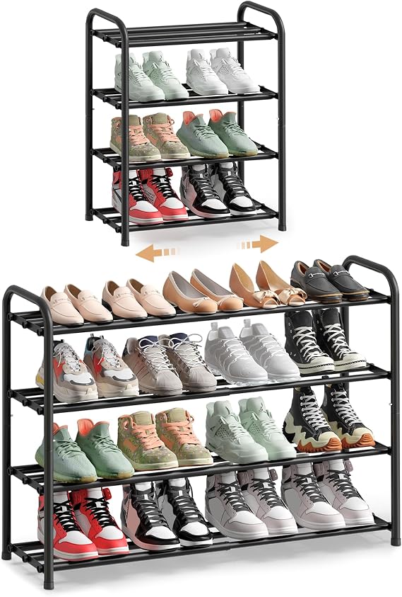 SONGMICS Expandable Shoe Rack, 4-Tier Shoe Organizer, Holds 8-16 Pairs | Adjustable Metal Shoe Shelf, Sturdy and Heavy-Duty, for Closet, Entryway, Bedroom, Ink Black, DAVIAN Collection, ULMR046BD01
