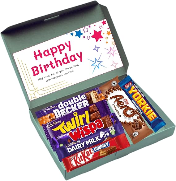 Happy Birthday Chocolate Gift Hamper | Full Sized 7 Bars | Letterbox Gift | Present for Kids | Her | Him | KitKat | Yorkie | Aero | Birthday Card