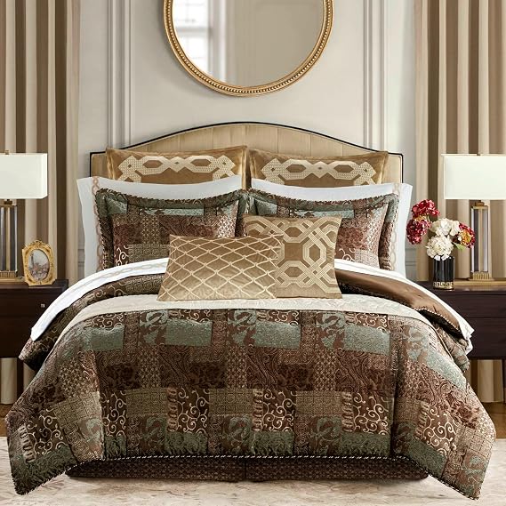 Croscill Classics Galleria Jacquard Comforter Set, Queen, 4 Piece, Brown | Jacquard Oversized Bedding Set for Bedroom, OEKO-TEX, with 2 Pillow Shams, 1 Bed Skirt, Luxury Traditional Patchwork Design