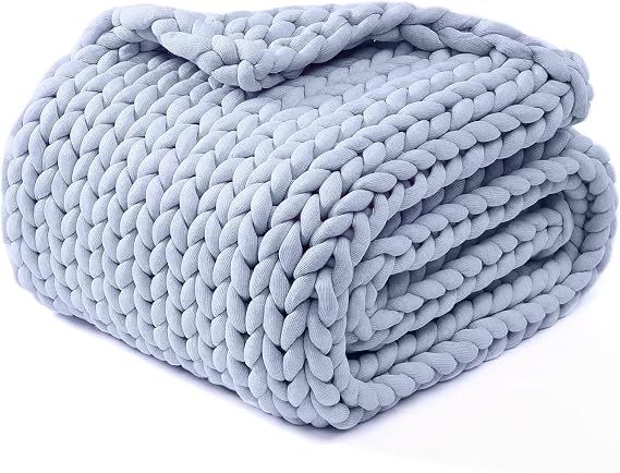 YnM Chunky Throw Blanket, Medium-Weight, Hand Knitted, Skin Friendly, Ventilated and Breathable, Machine Washable, Home Decor Piece for Couch, Sofa and Bed (Atlantis Blue, 40x50 Inch)