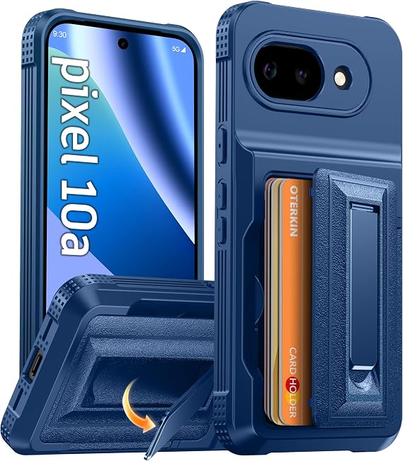 Oterkin for Google Pixel 10a Case with Card Holder & Metal Kickstand, Blue