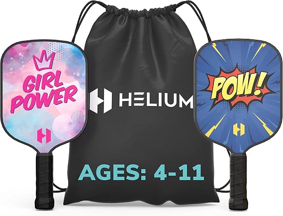Helium Pickleball Paddle for Kids (2 Pack - POW! and Girl Power) Child Size, Lightweight Honeycomb Core, Graphite Strike Face, Premium Comfort Grip, 2 Pickleball Paddles & 2 Drawstring Bags