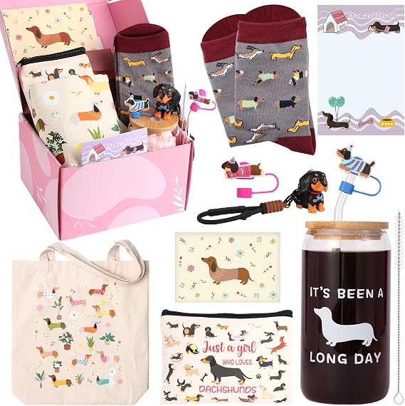 Dachshund Gifts for Women Funny Gifts for Dog Lovers Including Makeup Bag Glass Cup Keychain Socks Notepad Canvas Tote Bag Straw Cap for Birthday Christmas Mothers Day