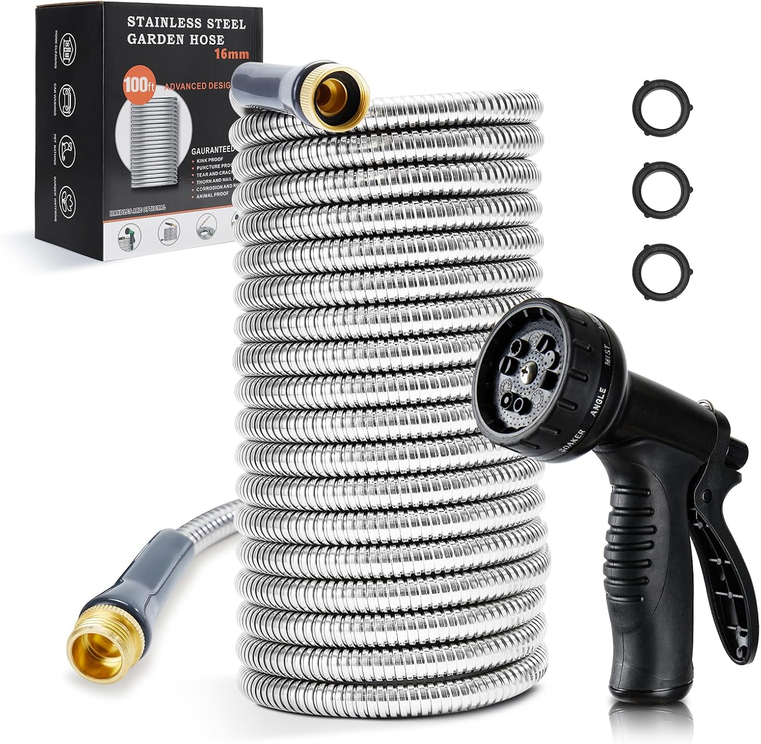 Stainless Steel Garden Hose 100 ft Heavy Duty Metal Water Hoses with 10 Function Water Hose Nozzles for Yard Outdoor