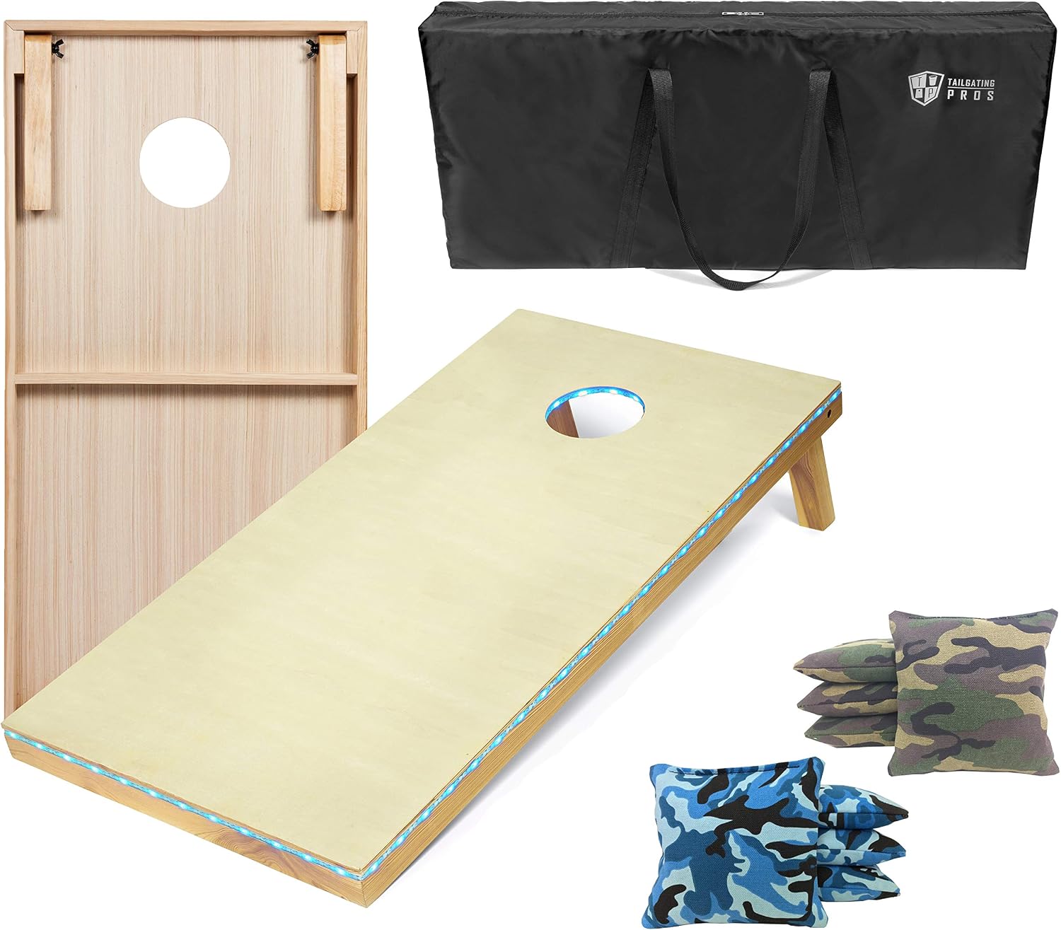 Tailgating Pros Light Up Cornhole Boards - 4'x2' Cornhole Game w/Built-in LED Lights, Carrying Case, Set of 8 Corn Hole Bean Bags!