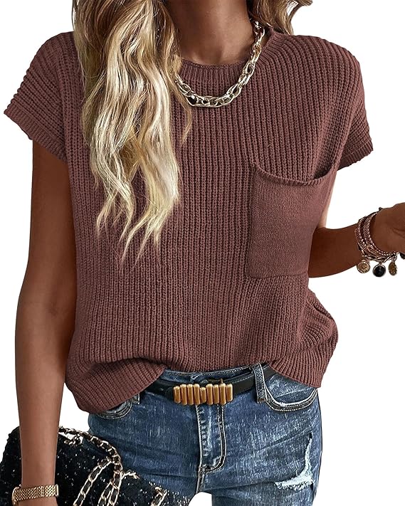 KIRUNDO Short Sleeve Sweater for Women Summer Crochet Tops | Sweater Vest Tank Tops, Casual Cotton Knit Pullover, Loose Fit Trendy Cute Shirts, 2026 Spring Fall Clothes, Fashion Clothing