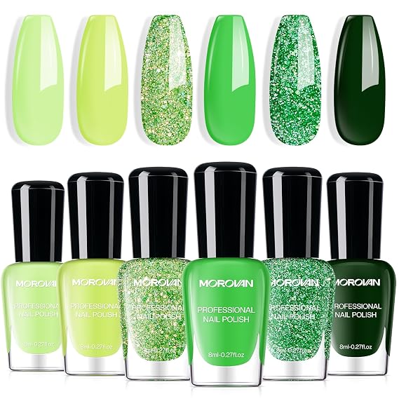 Morovan Green Nail Polish Set: Glitter Emerald Dark Green Spring Summer Fingernail Polish Kit Neon Lime Flash Air Quick-Dry Nail Polish Pack for Nail Art Manicure Gift Holiday Party for Women Girls