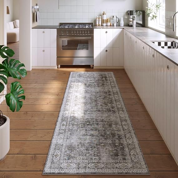 Runner Rugs Hallway Runner Rugs Washable Kitchen Runner Rugs with Rubber Backing 2'6" x 8' 100% Polyester Vintage Rugs for Indoor, Kitchen, Laundry, Bedroom Grey and Brown