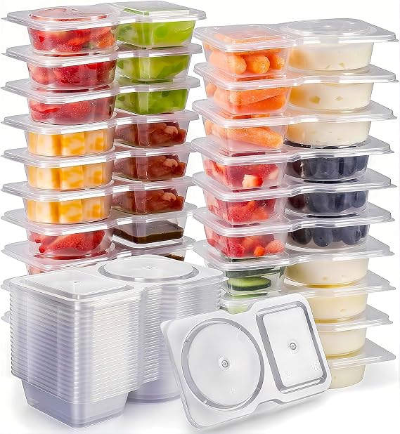 Snack Pack Containers 30 Pieces Reusable, Dual-Compartment Snack Pots with Lids, Thickened & Compact Sauces and Dip Container for Lunch Box, Travel, and Outdoor Parties