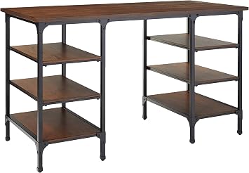 Homelegance Counter Height Metal Writing Desk with Open Shelves, Dark Oak Finish
