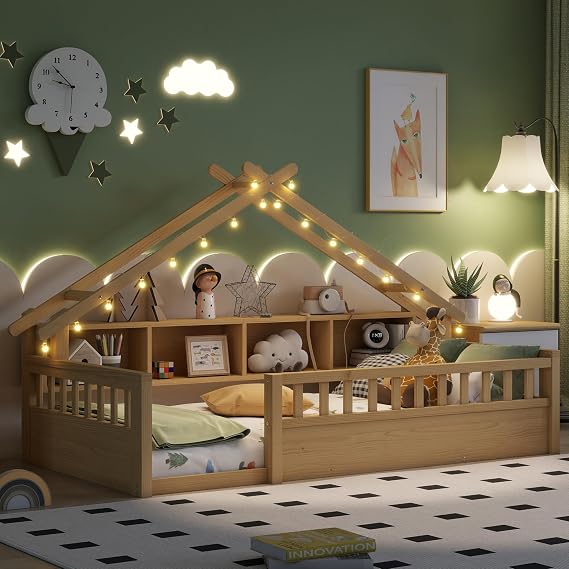 Twin Size Montessori Floor Bed with Bookcase for Kids, Wooden House Bed Frame with LED Lights, Roof & Guardrails, Playhouse Bed with Storage Shelves for Boys Girls, Natural